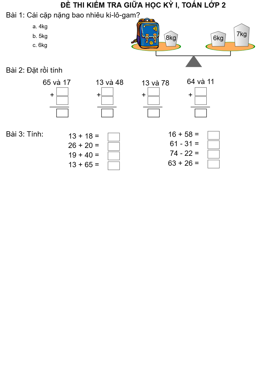 Đề thi online toán lớp 2 giữa học kỳ 1(Dạng 5)