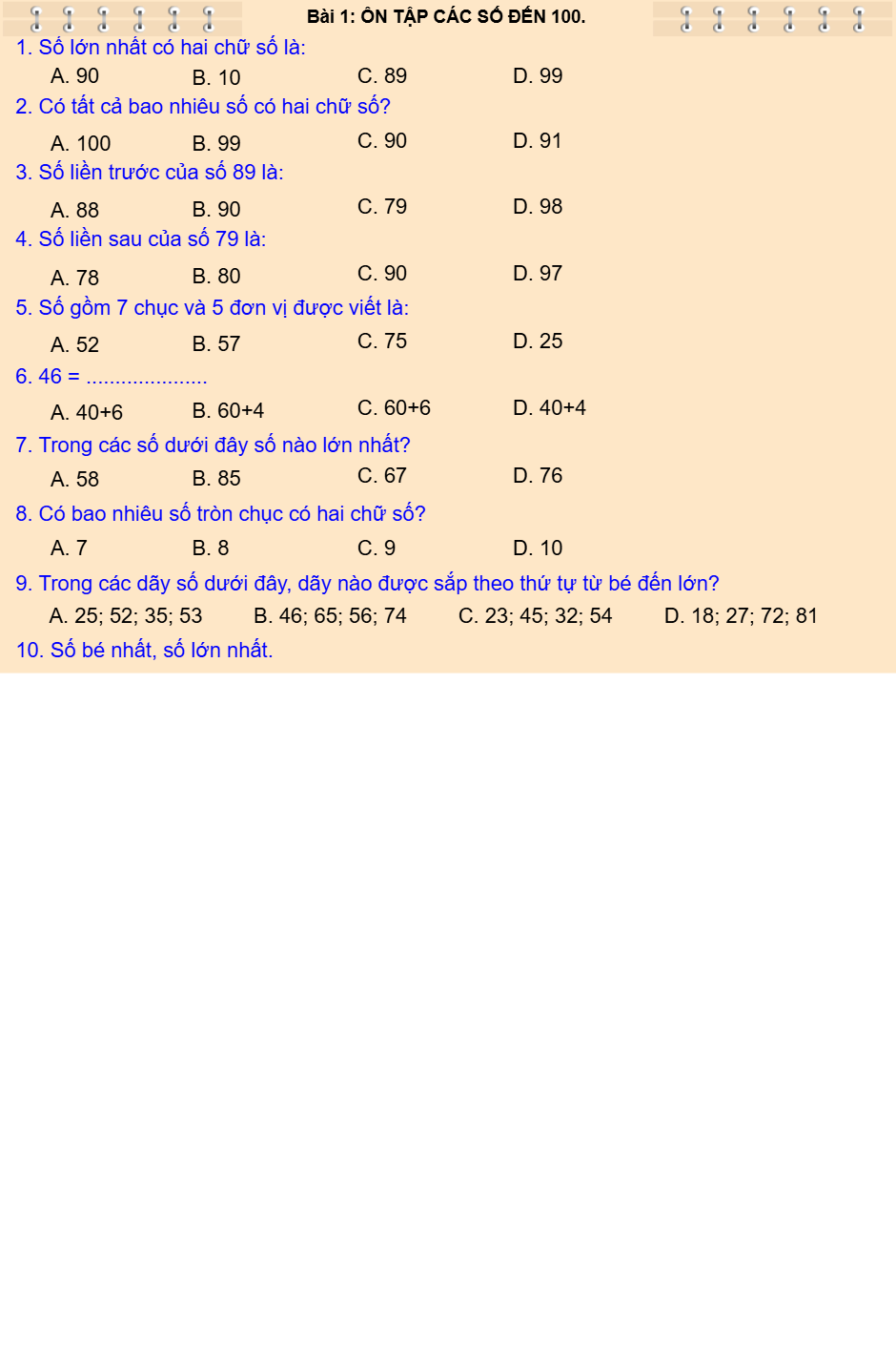 ÔN TẬP CÁC SỐ ĐẾN 100