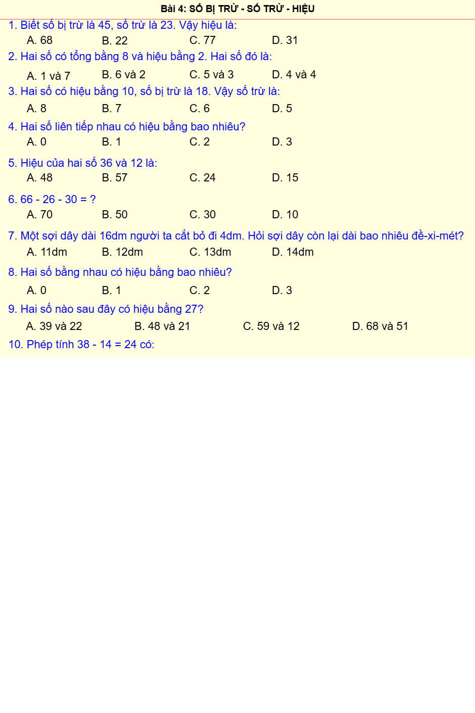 SỐ BỊ TRỪ - SỐ TRỪ - HIỆU