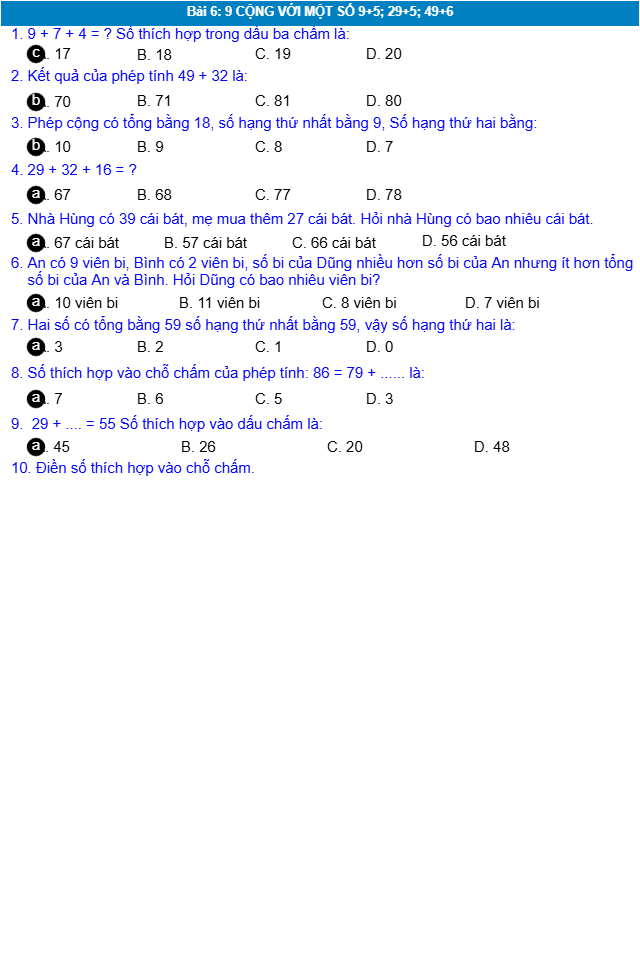 Bài 2: 9 CỘNG VỚI MỘT SỐ 9+5; 29+5; 49+6