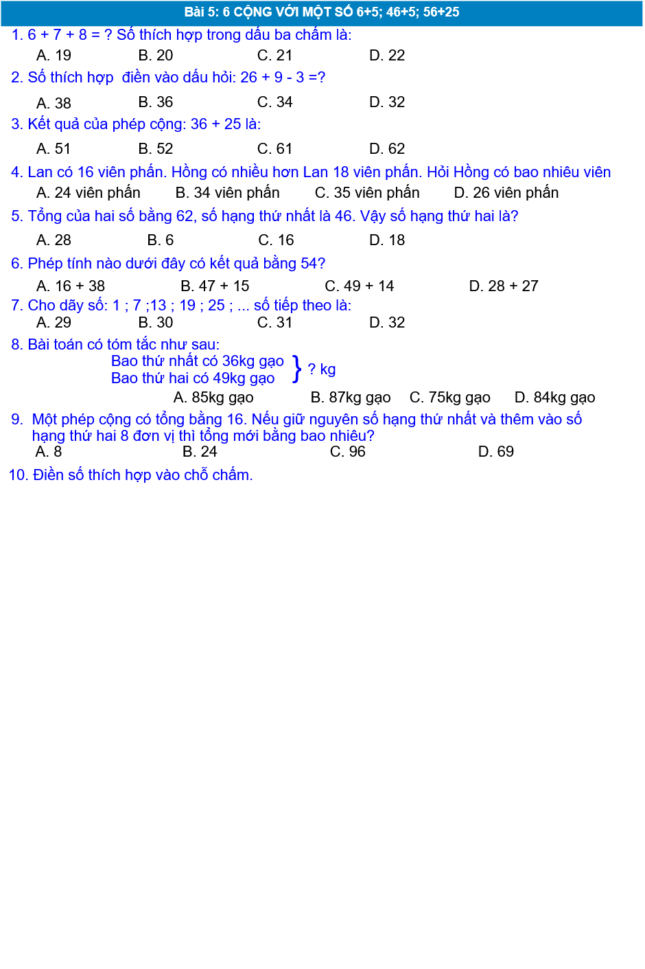Bài 5: 6 CỘNG VỚI MỘT SỐ 6+5; 46+5; 56+25