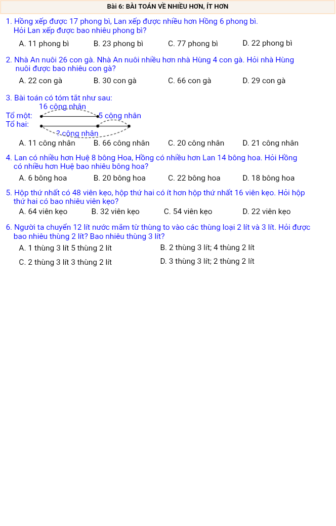 Bài 6: BÀI TOÁN VỀ NHIỀU HƠN, ÍT HƠN