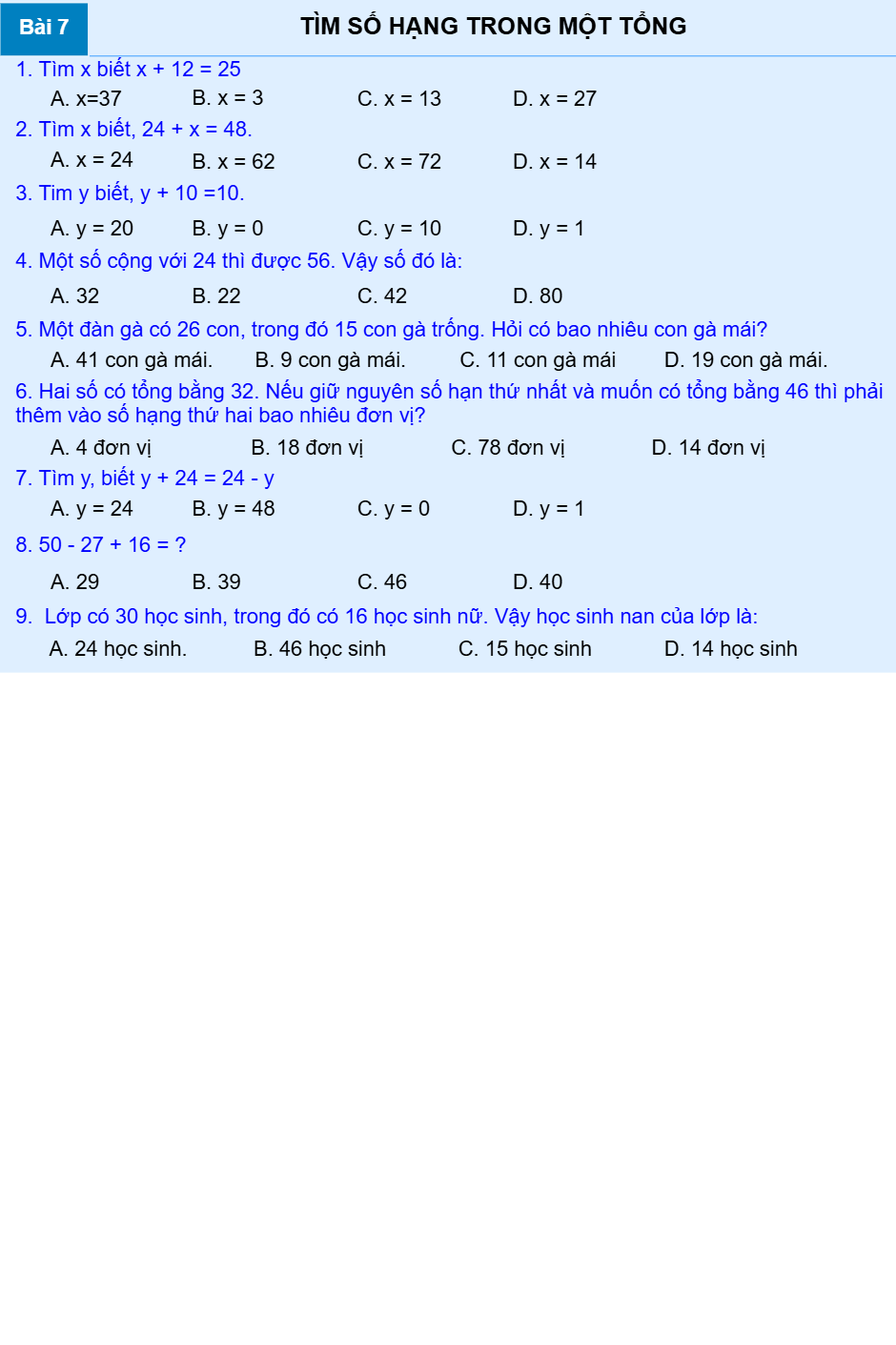 Bài 7: TÌM SỐ HẠNG TRONG MỘT TỔNG