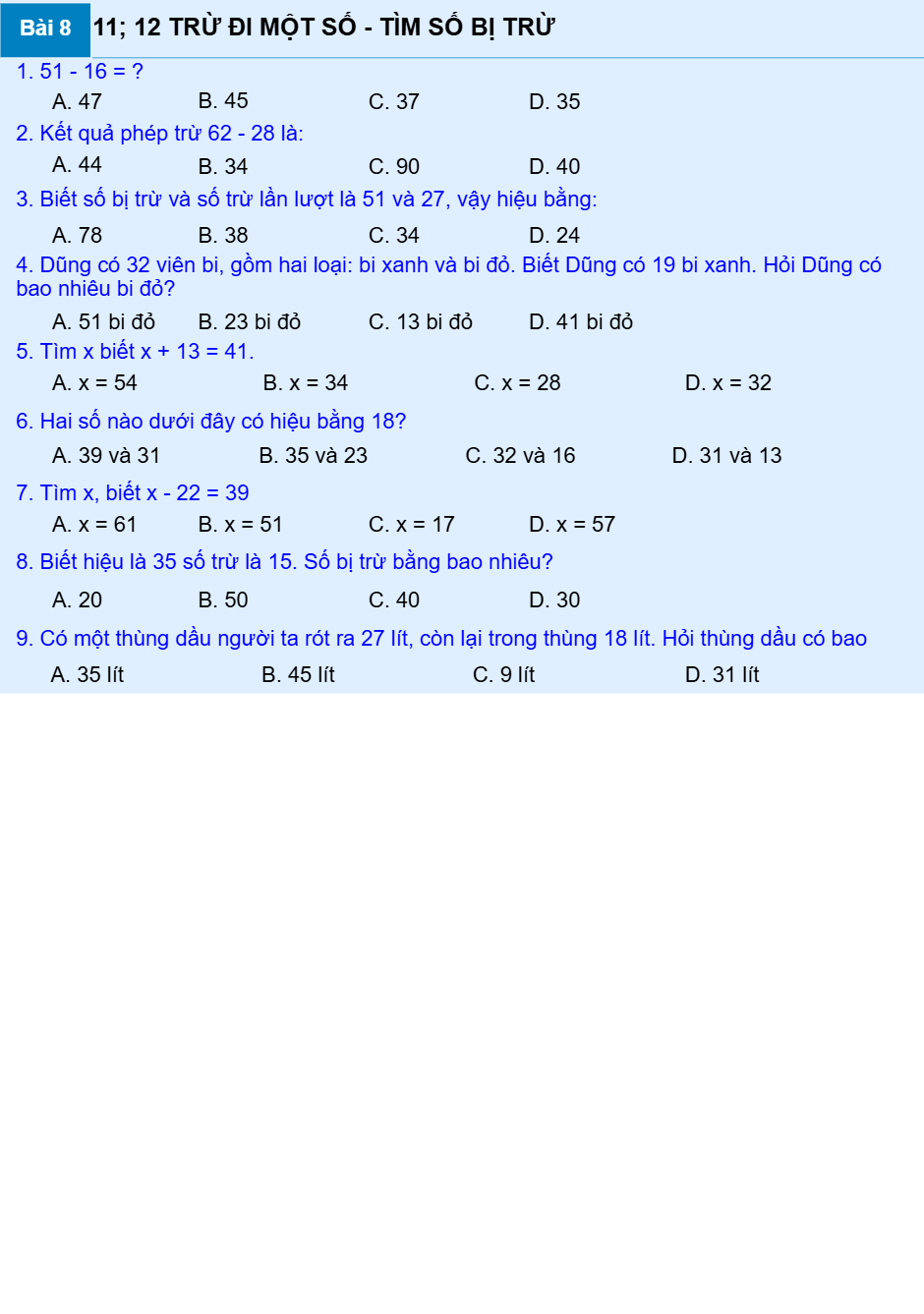 Bài 8: 11; 12 TRỪ ĐI MỘT SỐ