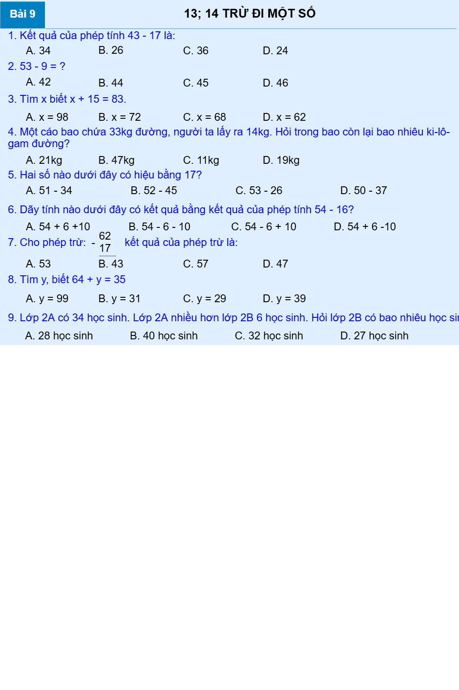 Bài 9: 13; 14 TRỪ ĐI MỘT SỐ