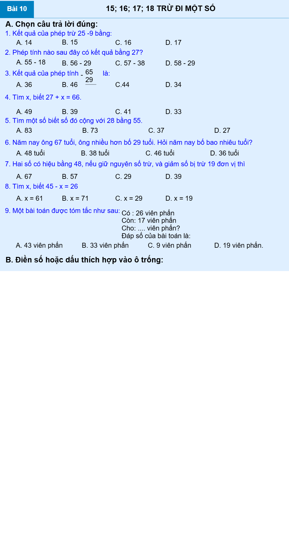Bài 10: 15; 16; 17; 18 TRỪ ĐI MỘT SỐ