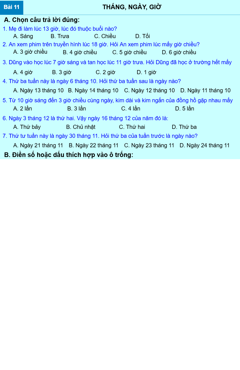 Bài 11 : THÁNG, NGÀY, GIỜ