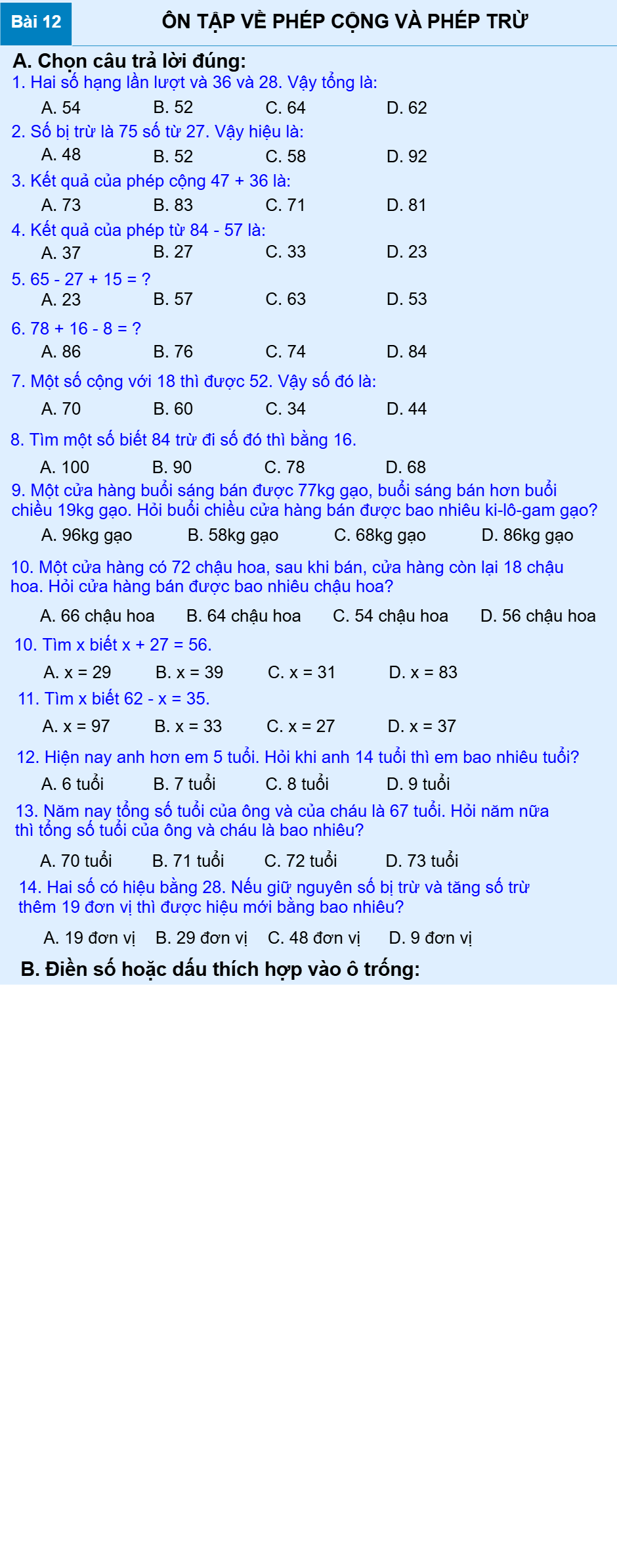 Bài 12: ÔN TẬP VỀ PHÉP CỘNG VÀ PHÉP TRỪ