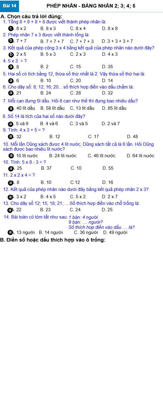 Bài 14: PHÉP NHÂN - BẢNG NHÂN 2; 3; 4; 5