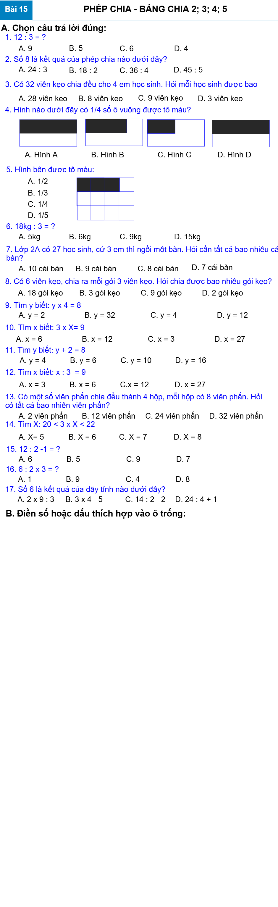 Bài 15 PHÉP CHIA - BẢNG CHIA 2; 3; 4; 5