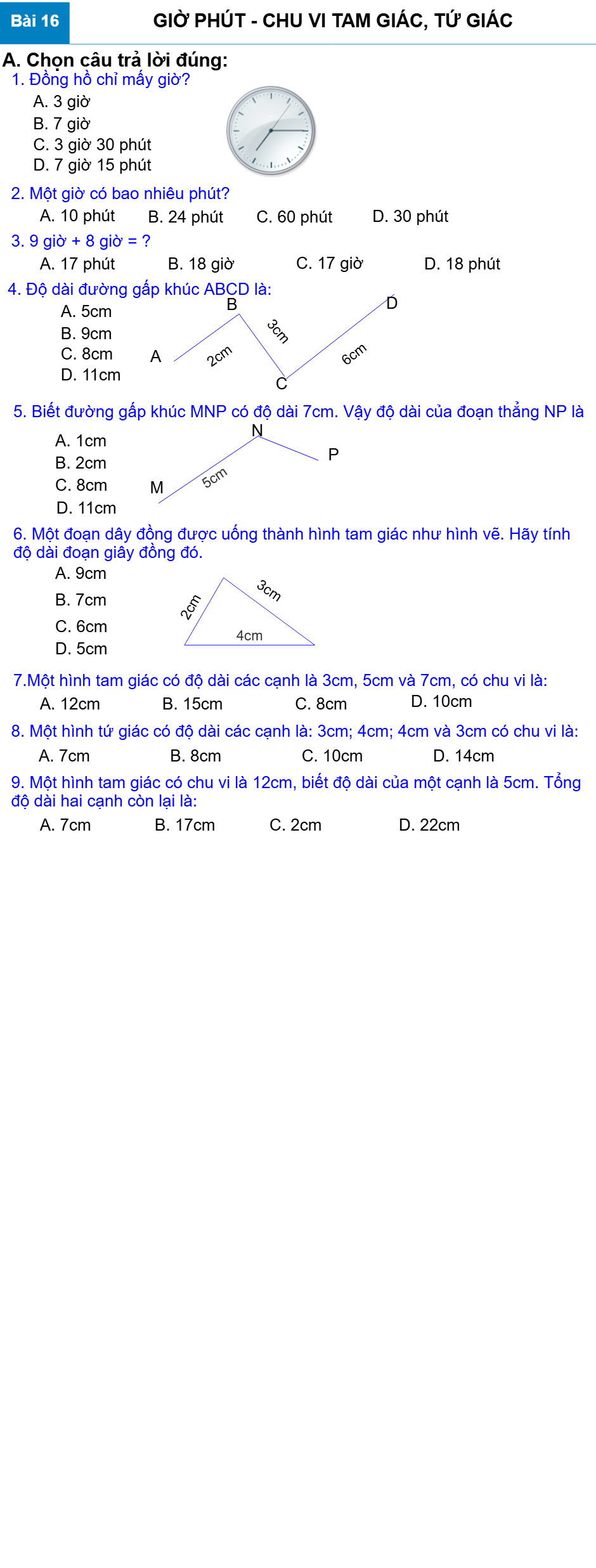 Bài 16: GIỜ PHÚT - CHU VI TAM GIÁC, TỨ GIÁC