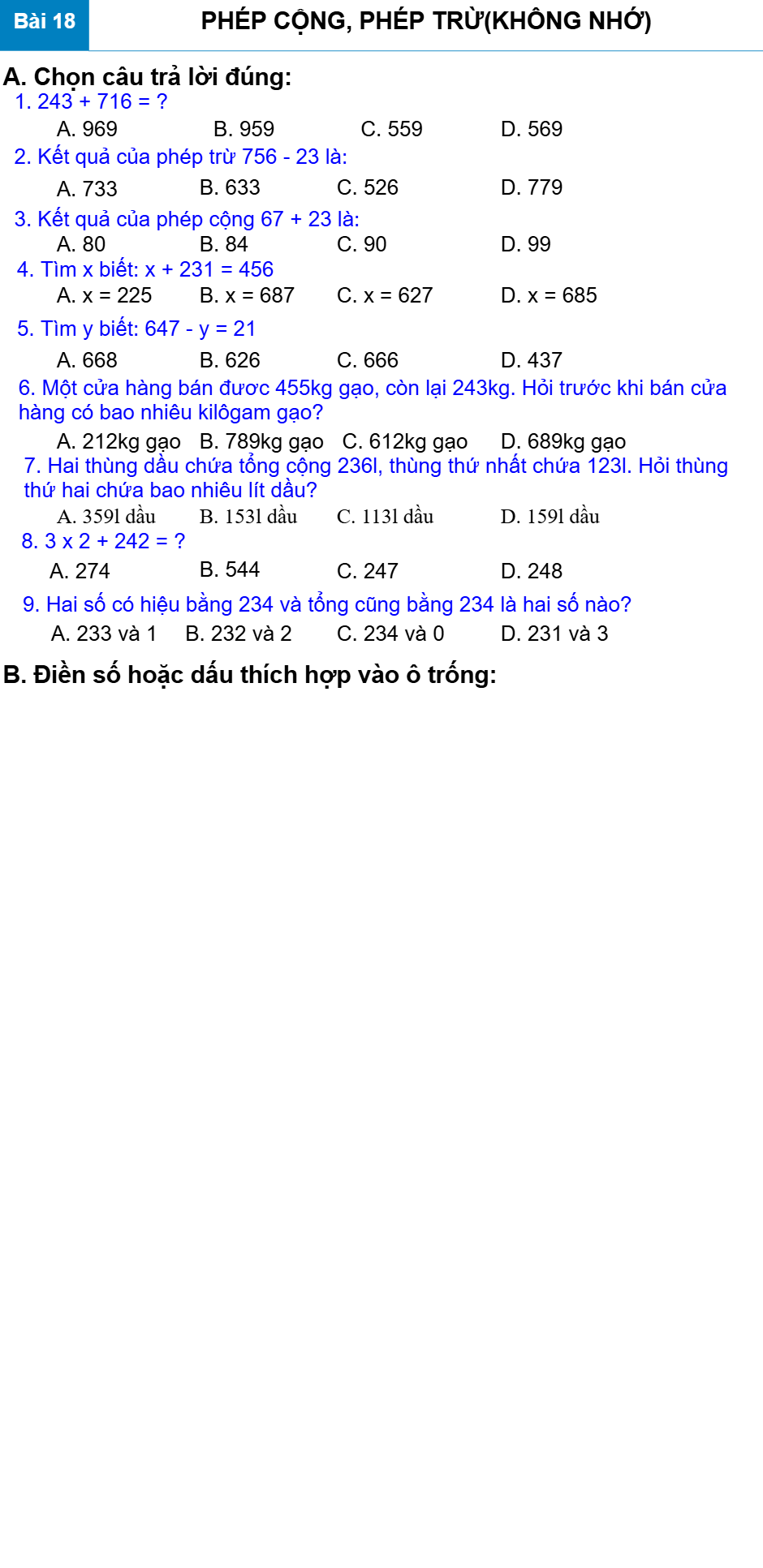 Bài 18: PHÉP CỘNG, PHÉP TRỪ(KHÔNG NHỚ)