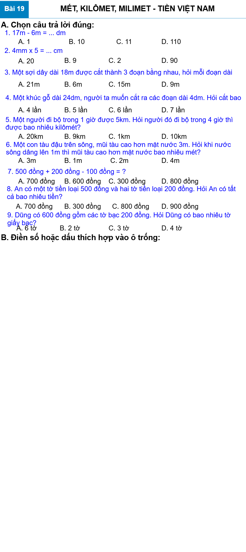 Bài 19: MÉT, KILÔMET, MILIMET - TIỀN VIỆT NAM