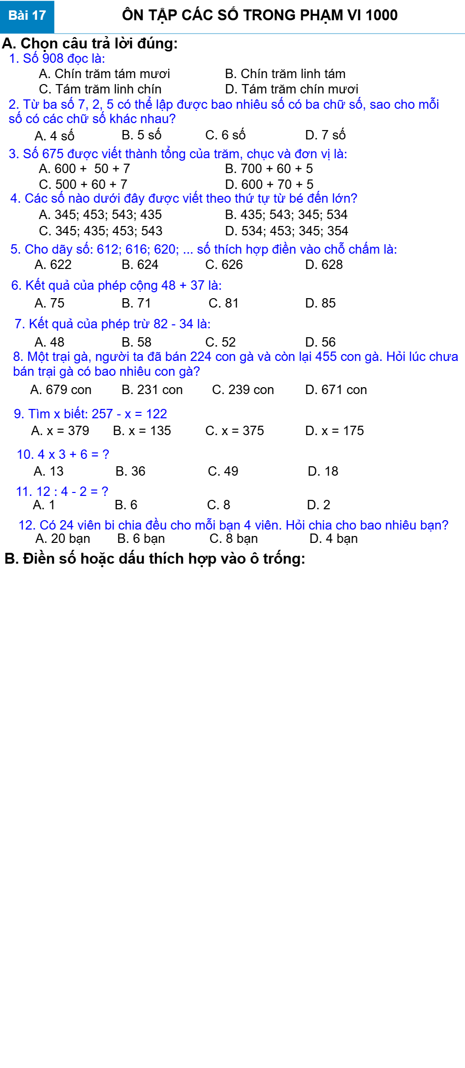 Bài 20: ÔN TẬP CÁC SỐ TRONG PHẠM VI 1000