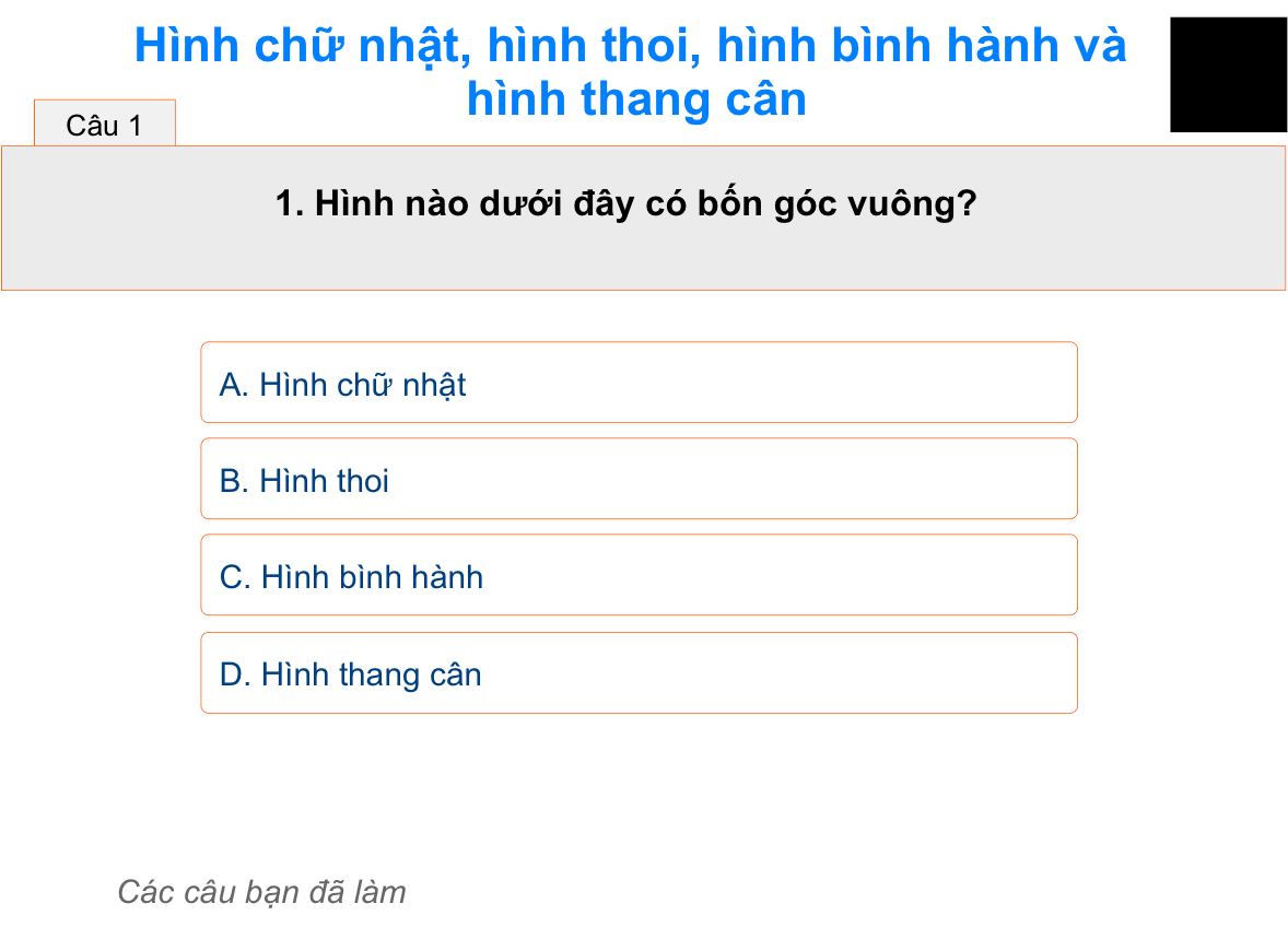 Hình chữ nhật, hình thoi, hình bình hành và hình thang cân