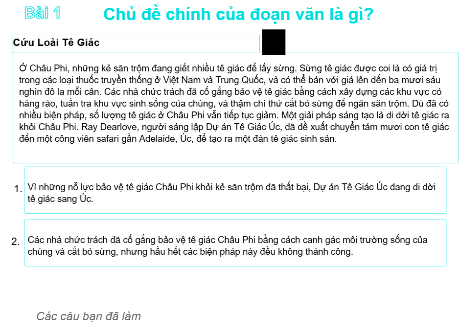 Chọn ý chính trong đoạn văn