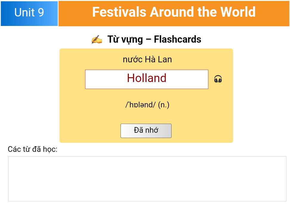 Vocabulary lớp 7 - Unit 9: Festivals Around the World