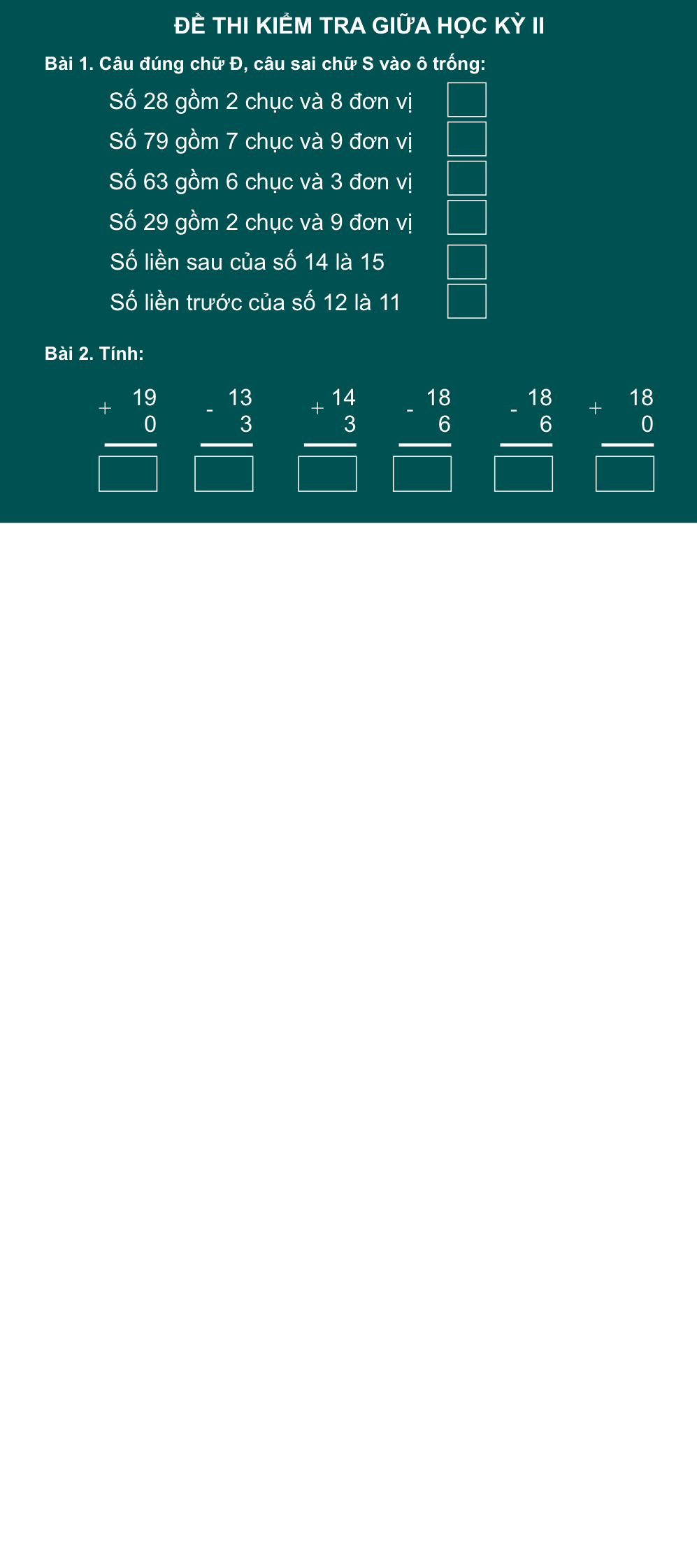 Đề thi kiểm tra giữa học kỳ 2 toán lớp 1 dạng 1