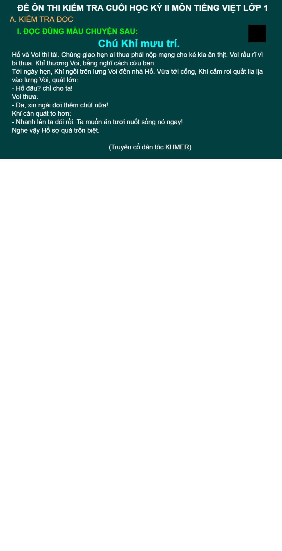 Đề thi kiểm tra học kỳ 2 môn tiếng việt lớp 1(số 1)