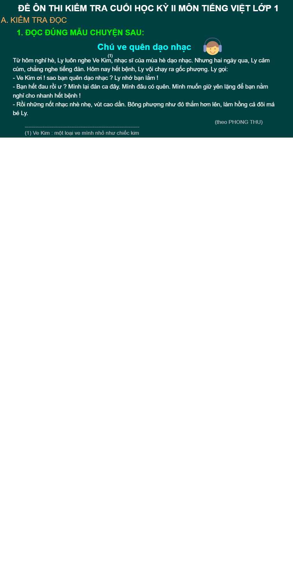 Đề kiểm tra học kì II môn tiếng việt lớp 1 (số 6)