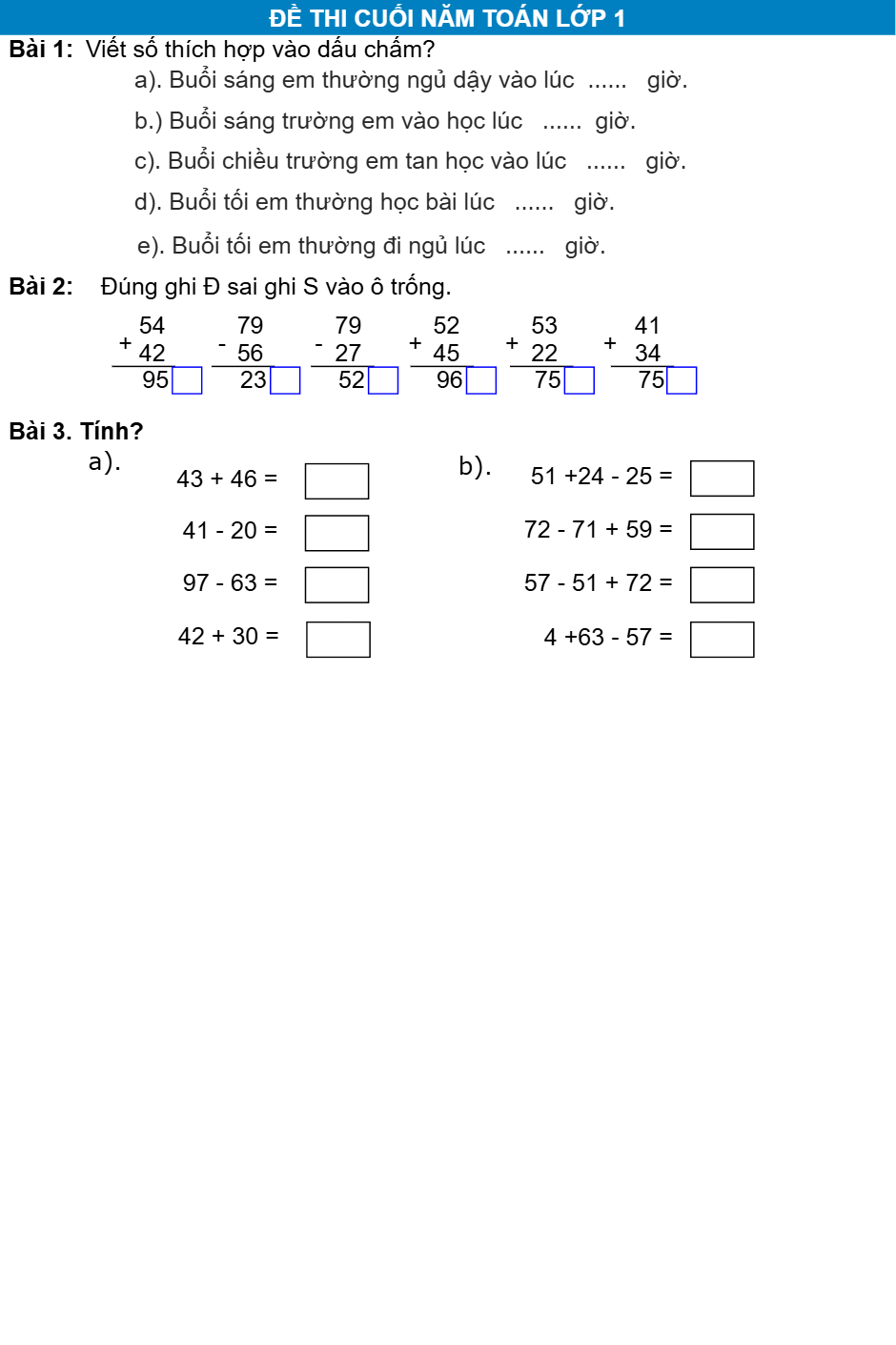 Đề thi toán lớp 1(Đề số 2)