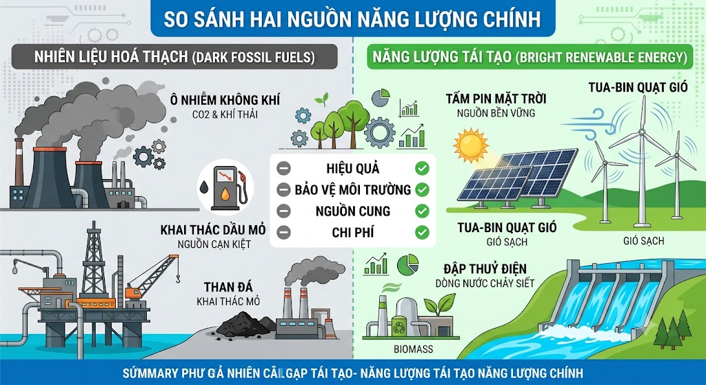 Ảnh so sánh 2 nguồn năng lượng. Một bên là 