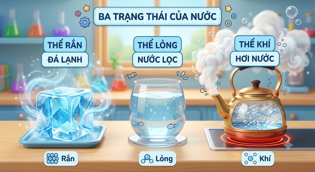 Hình minh 3 trạng thái của nước đặt cạnh nhau: một viên đá lạnh đang toả hơi lạnh (thể rắn), một cốc nước lọc trong suốt (thể lỏng), và một ấm đun nước đang sôi bốc hơi nghi ngút (thể khí)