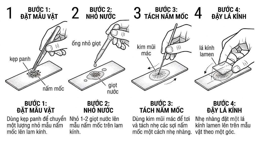 Hình minh hoạ đồ hoạ nét đen trắng, mô tả 4 bước làm tiêu bản nấm mốc trong phòng thí nghiệm. Bước 1: Bàn tay cầm panh gắp một chút nấm mốc đặt lên lam kính. Bước 2: Bàn tay cầm ống nhỏ giọt nhỏ 1-2 giọt nước lên đám mốc. Bước 3: Bàn tay cầm kim mũi mác tách nhẹ các nhánh nấm mốc. Bước 4: Bàn tay đậy tấm lamen lên trên giọt nước. Nền trắng, phong cách giáo dục khoa học, dễ hiểu.