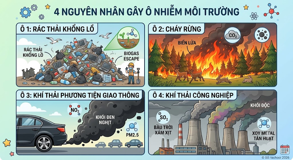 Hình minh họa phân chia làm 4 ô nhỏ mô tả các nguyên nhân gây ô nhiễm: Ô 1: Núi rác thải khổng lồ. Ô 2: Một khu rừng đang chìm trong biển lửa. Ô 3: Ống xả của một chiếc ô tô đang xả khói đen nghịt. Ô 4: Các ống khói nhà máy công nghiệp đang phun khói độc lên bầu trời xám xịt.