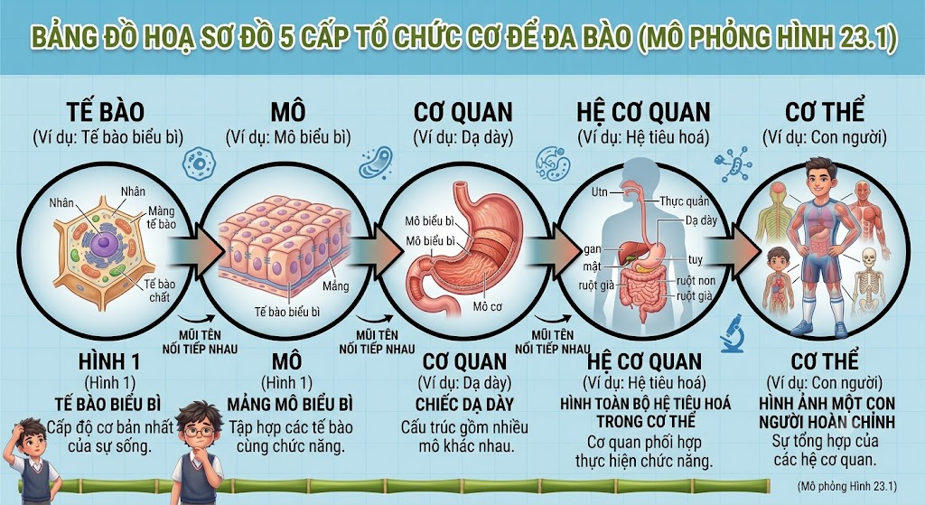 5 cấp tổ chức cơ thể. Hình 1 tế bào biểu bì $\rightarrow$ Hình 1 mảng mô biểu bì $\rightarrow$ Hình chiếc dạ dày $\rightarrow$ Hình toàn bộ hệ tiêu hoá trong cơ thể $\rightarrow$ Hình ảnh một con người hoàn chỉnh. (Mô phỏng Hình 23.1)