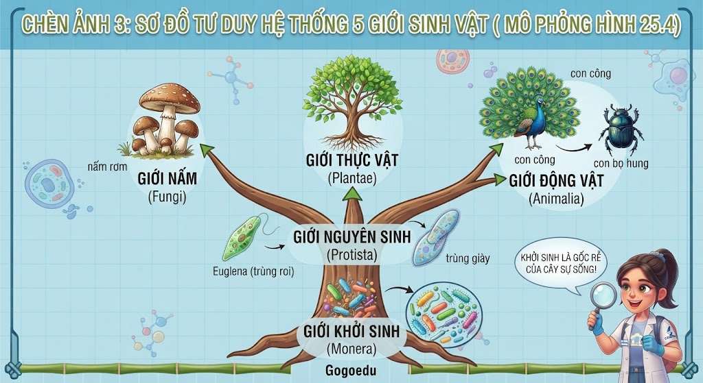 Sơ đồ tư duy dạng cây minh hoạ Hệ thống 5 giới sinh vật. Gốc rễ dưới cùng là 