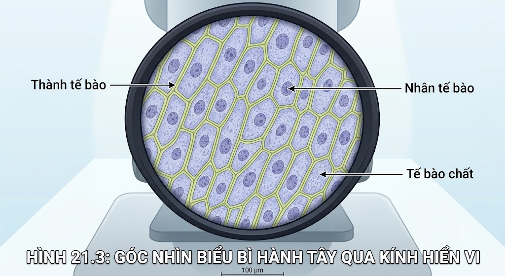 Hình minh hoạ Hình 21.3 mô phỏng góc nhìn qua ống kính hiển vi. Bên trong là các tế bào biểu bì hành tây hình đa giác dài, xếp sát nhau như tường gạch. Có các đường kẻ chú thích: Thành tế bào, Nhân tế bào và Tế bào chất.