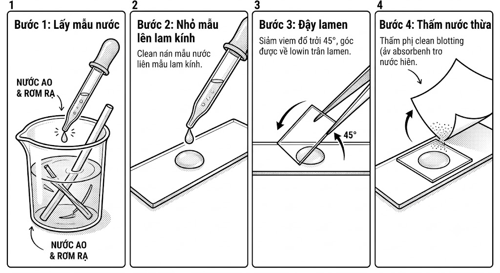 Hình mô tả 4 bước làm tiêu bản (mô phỏng Hình 31.1). (a) Hút nước từ cốc bằng ống nhỏ giọt. (b) Nhỏ giọt nước lên lam kính. (c) Từ từ hạ lamen xuống đậy lên giọt nước. (d) Dùng giấy thấm hút nước thừa ở mép lamen.