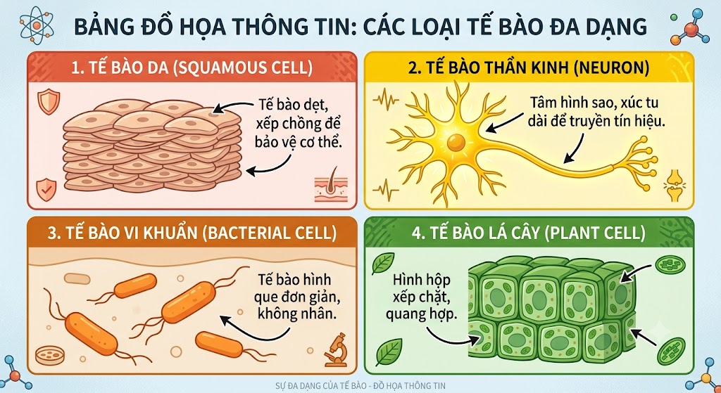Bốn loại tế bào: 1. Hình ảnh tế bào da dẹt xếp chồng lên nhau. 2. Hình ảnh tế bào thần kinh màu vàng chói sáng với một tâm hình sao và các xúc tu dài. 3. Hình ảnh tế bào vi khuẩn hình que màu cam lơ lửng. 4. Hình ảnh tế bào lá cây màu xanh lục xếp như tường gạch. Có chú thích rõ tên từng loại.