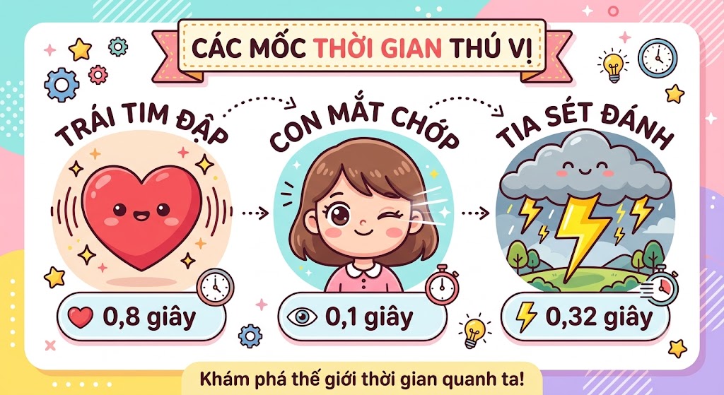 Hình minh hoạ các mốc thời gian thú vị. Gồm 3 hình ảnh nhỏ: 1 trái tim màu đỏ đang đập (chú thích: 0,8 giây), 1 con mắt đang chớp (chú thích: 0,1 giây), và 1 tia sét màu vàng đánh từ đám mây xuống (chú thích: 0,32 giây)