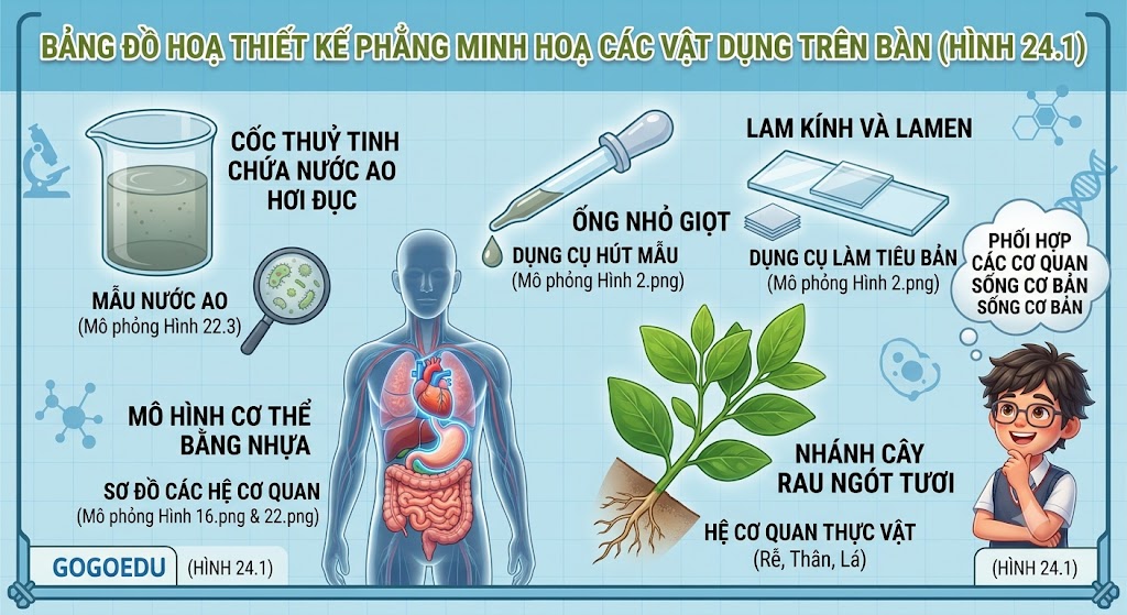 Hình: 1 cốc thuỷ tinh chứa nước ao hơi đục, 1 ống nhỏ giọt, 1 chiếc lam kính và lamen, 1 mô hình cơ thể người bằng nhựa, và 1 nhánh cây rau ngót tươi.