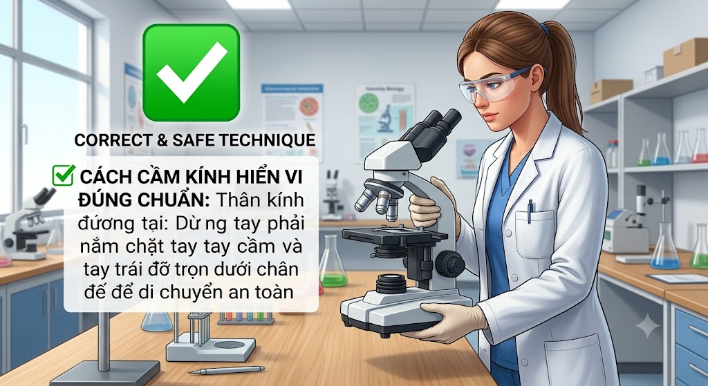 Hình minh họa cách cầm kính hiển vi đúng chuẩn: Một người đang dùng tay phải nắm chặt vào thân kính (phần tay cầm), tay trái đỡ trọn phần dưới của chân đế kính hiển vi để di chuyển. Có biểu tượng tick xanh (✔) thể hiện đây là hành động đúng và an toàn.