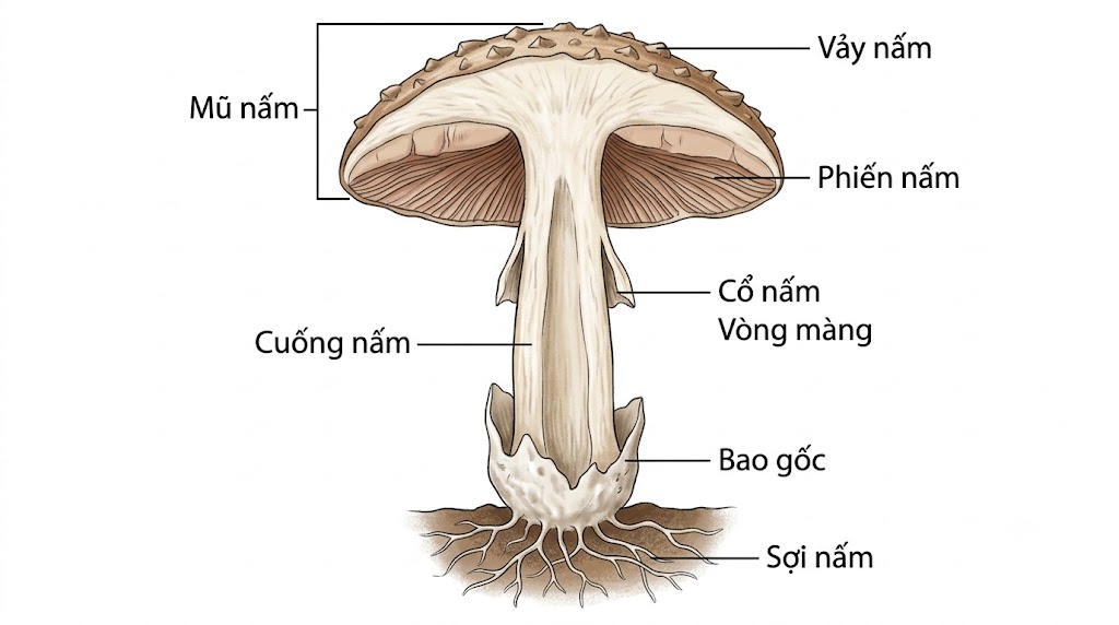 Hình minh hoạ giải phẫu mặt cắt dọc một cây nấm lớn (nấm đảm), phong cách vẽ thực tế trong sách giáo khoa sinh học. Cây nấm có phần mũ nấm xòe rộng, trên đỉnh mũ có các vảy nấm nhỏ. Mặt dưới mũ nấm là các phiến nấm xếp lớp. Phần thân là cuống nấm hình trụ, có một vòng màng mỏng gọi là cổ nấm. Dưới cùng là phần bao gốc phình to và các sợi nấm tủa ra.