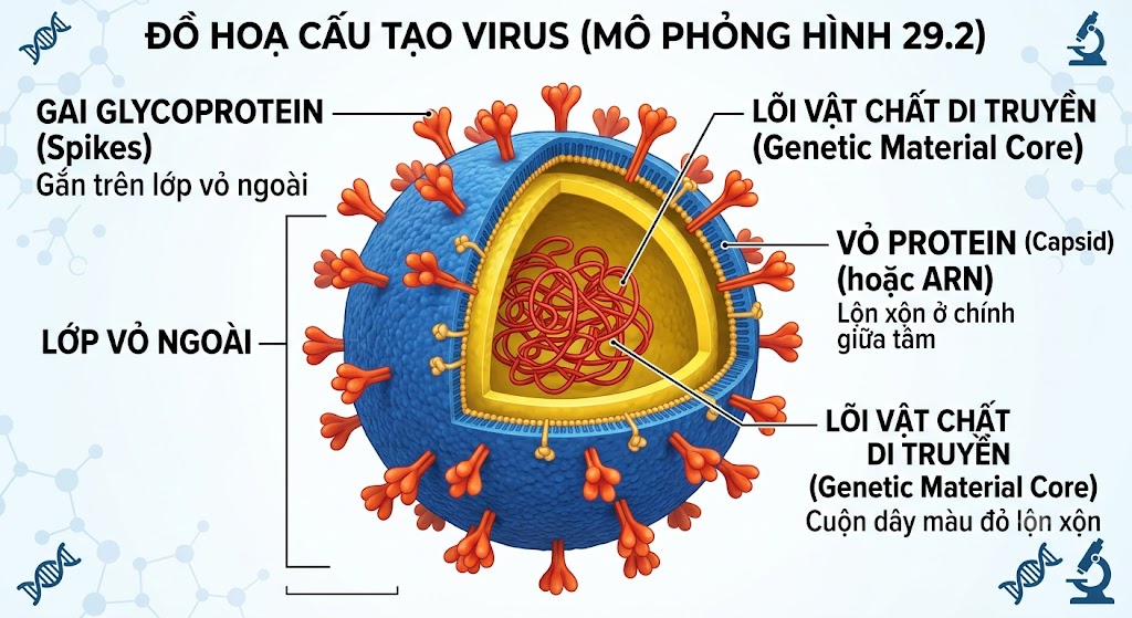 Đồ hoạ lát cắt cấu tạo Virus Một khối cầu bị cắt đi 1/4. Lớp vỏ ngoài cùng màu xanh có các gai nhọn (Gai glycoprotein). Lớp thứ hai màu vàng (Vỏ protein). Chính giữa tâm là những cuộn dây màu đỏ lộn xộn (Lõi vật chất di truyền).