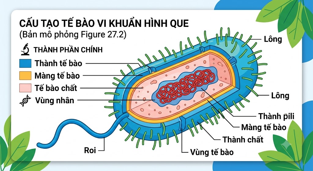 Hinh mô phỏng cắt lớp một chú vi khuẩn hình que (Hình 27.2). Bên ngoài có các sợi 