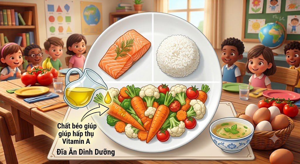 Hình minh hoạ một chiếc đĩa ăn dinh dưỡng (Healthy Plate). 1/2 đĩa là rau củ quả (cà rốt, súp lơ). 1/4 đĩa là protein (miếng cá hồi). 1/4 đĩa là carbohydrate (cơm trắng). Bên cạnh là một chén canh nhỏ và một giọt dầu ăn đang được rưới lên cà rốt (mũi tên chú thích: Chất béo giúp hấp thụ Vitamin A).