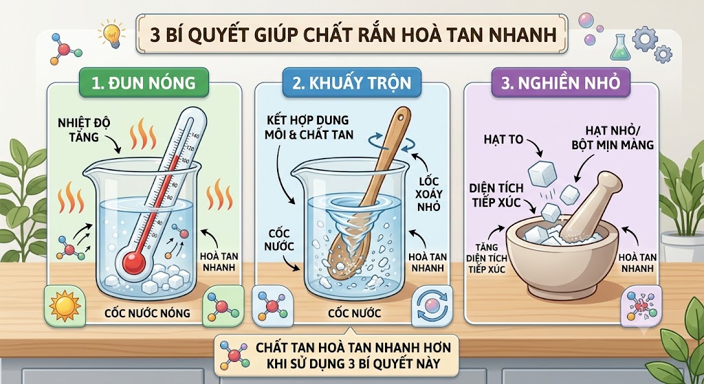 Ảnh mô phỏng 3 bí quyết giúp chất rắn hoà tan nhanh. Hình 1: Đun nóng (biểu tượng nhiệt kế đang tăng nhiệt độ trong cốc nước nóng). Hình 2: Khuấy trộn (biểu tượng chiếc thìa đang khuấy tạo lốc xoáy nhỏ trong cốc). Hình 3: Nghiền nhỏ (biểu tượng hạt đường viên to đang bị giã thành bột mịn màng). Đồ hoạ trực quan, sinh động.