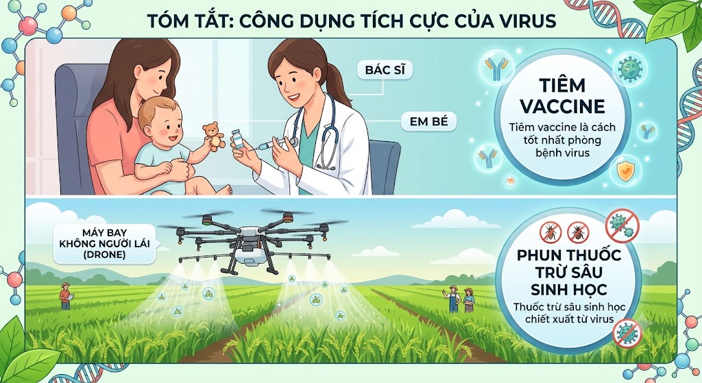 Mô tả: Nửa trên là hình ảnh một bác sĩ đang tiêm Vaccine cho em bé (chú thích: Tiêm vaccine là cách tốt nhất phòng bệnh virus). Nửa dưới là hình ảnh một chiếc máy bay không người lái (drone) đang phun thuốc trừ sâu sinh học chiết xuất từ virus xuống cánh đồng xanh mướt.