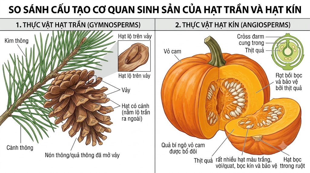 Hình minh hoạ khoa học chia làm 2 ô ngang để so sánh. Ô bên trái vẽ một cành thông xanh với một chiếc nón thông (quả thông) đã mở vảy, trên các vảy có các hạt mang cánh mỏng nằm lộ trần ra ngoài. Ô bên phải vẽ một quả bí ngô vỏ cam được bổ đôi, bên trong ruột chứa rất nhiều hạt màu trắng được bọc kín và bảo vệ bởi thịt quả.