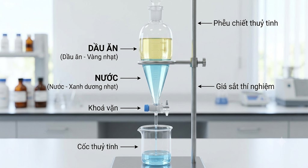 Hình minh hoạ một chiếc phễu chiết thuỷ tinh có khoá vặn ở đáy. Bên trong phễu chứa hỗn hợp phân làm 2 lớp rõ rệt: Lớp màu vàng nhạt nổi phía trên (chú thích: Dầu ăn), lớp màu xanh dương nhạt chìm phía dưới (chú thích: Nước). Phía dưới phễu là một cốc thuỷ tinh đang hứng dòng nước chảy xuống từ khoá vặn.