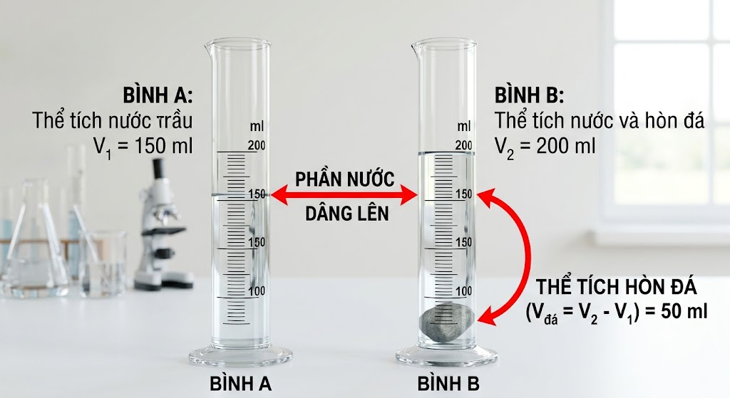 Hình ảnh mô phỏng thí nghiệm đo thể tích vật rắn bằng bình chia độ.