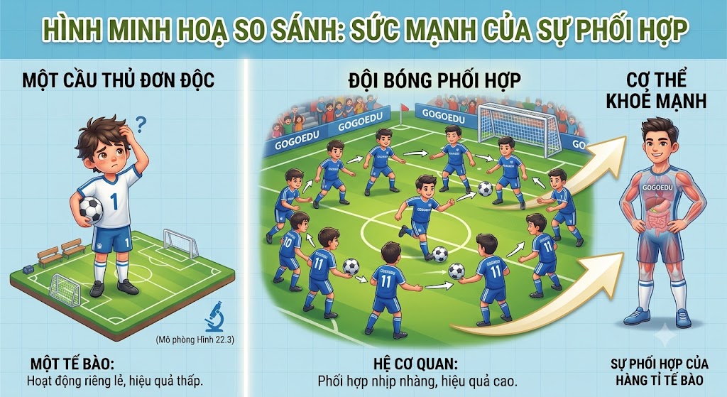 Hình minh hoạ: Một bên là hình ảnh một cầu thủ bóng đá đơn độc đang lúng túng. Một bên là hình ảnh một đội bóng 11 người mặc áo đồng phục đang phối hợp chuyền bóng ghi bàn rất ăn ý.