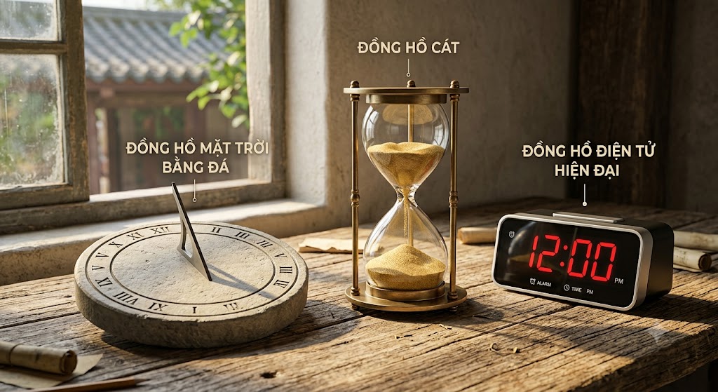 Hình minh hoạ 3D đặt trên một chiếc bàn gỗ cũ kĩ gồm 3 vật dụng: một chiếc đồng hồ mặt trời bằng đá (có bóng nắng chiếu xuống), một chiếc đồng hồ cát bằng thuỷ tinh với cát vàng đang chảy, và một chiếc đồng hồ điện tử hiện đại hiển thị số 12:00. 