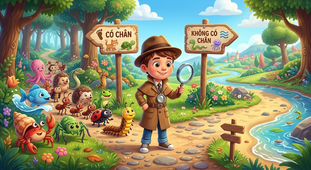 Một thám tử nhí đang cầm kính lúp đứng trước một con đường rẽ làm hai ngả. Một ngả có biển báo 