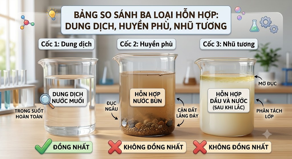 Hình minh hoạ so sánh 3 loại hỗn hợp đặt cạnh nhau trên bàn thí nghiệm. Cốc 1 (Dung dịch): Nước muối trong suốt hoàn toàn. Cốc 2 (Huyền phù): Cốc nước bùn đục ngầu, có cặn đất lắng dưới đáy. Cốc 3 (Nhũ tương): Cốc nước và dầu ăn đang bị phân tách lớp mờ đục sau khi lắc. Có chú thích rõ tên 3 loại và đặc điểm Đồng nhất / Không đồng nhất.